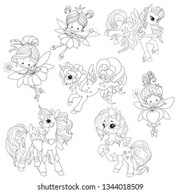 A collection of magical characters. Unicorns and fairies. Cartoon cute characters vector. Fabulous creatures. Set of characters for coloring book. Vector isolated on white background.