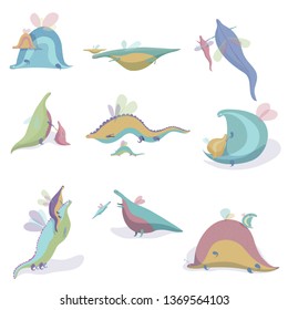 Collection of magical dragons with children. Vector illustration.