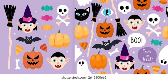 Collection of magical Halloween elements and seamless pattern. Pumpkin, witch, vampire, broom, skull, bat, ghost, cat, sweets. Light purple background. Design for wrapping paper, textile.