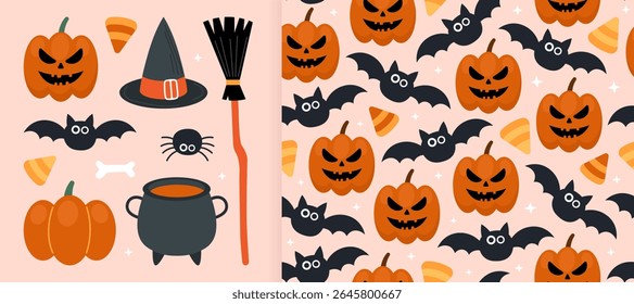 Collection of magical Halloween elements and seamless pattern. Pumpkin, bat, spider, candy, witch's cauldron, hat, broom. Pink background. Design for wrapping paper, textile.