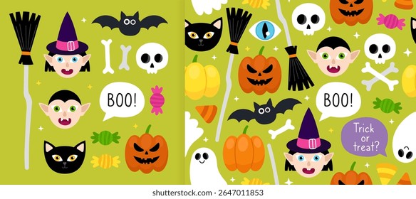 Collection of magical Halloween elements and seamless pattern. Pumpkin, witch, cat, vampire, broom, skull, bat, candy, sweets. Bright green background. Design for wrapping paper, textile.