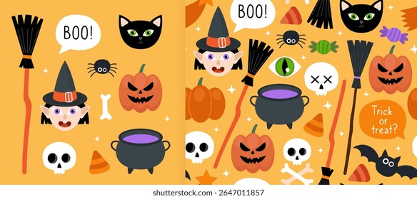 Collection of magical Halloween elements and seamless pattern. Pumpkin, witch, cat, broom, skull, cauldron, sweets. Orange background. Design for wrapping paper, textile.