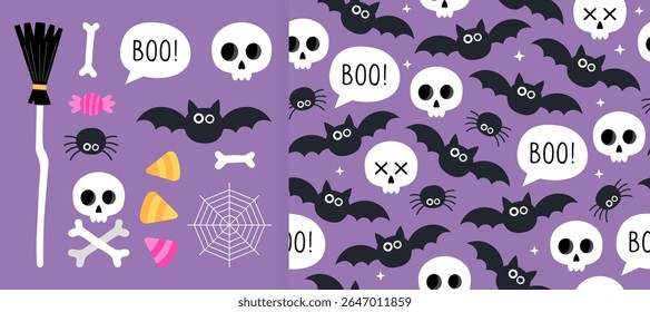 Coleção de elementos mágicos de Halloween e padrão perfeito. Crânio, ossos, morcego, aranha, teia, doce, vassoura de bruxa. Fundo roxo. Design para embrulhar papel, têxtil.
