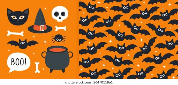 Coleção de elementos mágicos de Halloween e padrão perfeito. Morcego negro, gato, caldeirão, chapéu de bruxa, crânio, aranha. Fundo laranja. Design para embrulhar papel, têxtil.
