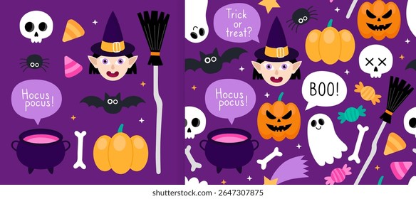 Coleção de elementos mágicos de Halloween e padrão perfeito. Abóbora, bruxa, caldeirão, vassoura, crânio, morcego, aranha, doce. Fundo roxo. Design para embrulhar papel, têxtil.