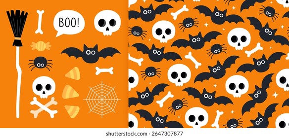 Coleção de elementos mágicos de Halloween e padrão perfeito. Crânio, ossos, morcego, aranha, teia, doce, vassoura de bruxa. Fundo laranja. Design para embrulhar papel, têxtil.