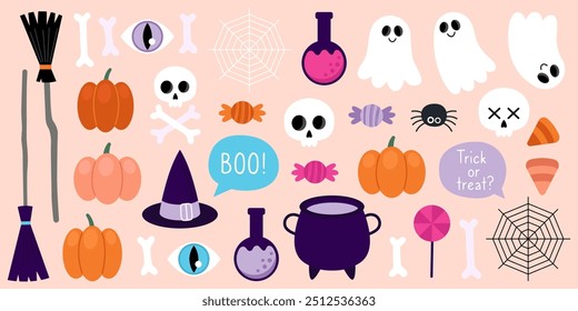 Collection of magical Halloween illustrations. Cute cartoon elements for Halloween design. Witch brooms, cauldron, hat. Pumpkins, skull, bones, candies, potion, web, spider, speech bubbles, eyes.