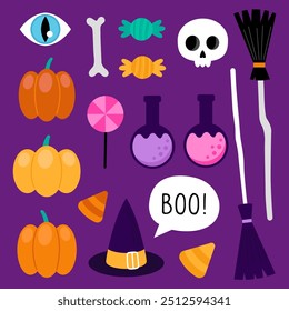 Collection of magical Halloween illustrations. Cute cartoon elements for Halloween design. Witch hat, broom, pumpkins, skull, candies, potion.