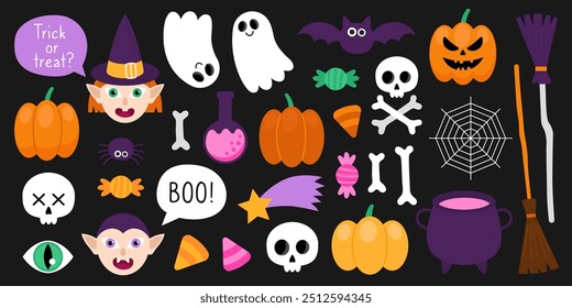 Collection of magical Halloween illustrations. Cute cartoon elements for Halloween design. Witch, vampire, cat, pumpkins, ghost, bat, spider, skull, bones, broom, cauldron, candy, star, web, potion.