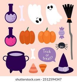 Collection of magical Halloween illustrations. Cute cartoon elements for Halloween design. Witch hat, broom, pumpkins, ghost, cauldron, potion, candy.