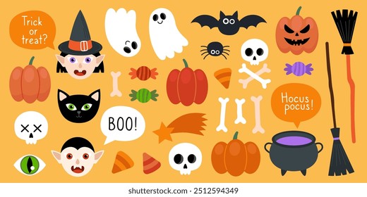 Collection of magical Halloween illustrations. Cute cartoon elements for Halloween design. Witch, vampire, cat, pumpkins, ghost, bat, spider, skull, bones, broom, cauldron, candy, star.