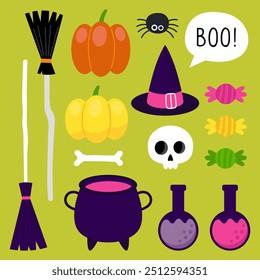 Collection of magical Halloween illustrations. Cute cartoon elements for Halloween design. Witch hat, broom, pumpkins, cauldron, potion, skull, candy.