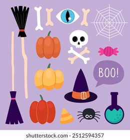 Collection of magical Halloween illustrations. Cute cartoon elements for Halloween design. Witch hat, broom, pumpkins, skull, potion, spider, web.