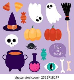 Collection of magical Halloween illustrations. Cute cartoon elements for Halloween design. Witch hat, broom, cauldron, ghost, pumpkins, potion, spider, skull.