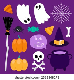 Collection of magical Halloween illustrations. Cute cartoon elements for Halloween design.  Witch hat, broom, cauldron, pumpkins, skull, candies, ghost, spider, web, bone, corn.