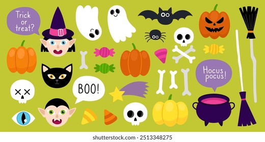 Collection of magical Halloween illustrations. Cute cartoon elements for Halloween design. Witch, vampire, cat, pumpkins, ghost, bat, spider, skull, bones, broom, cauldron, candy, star.