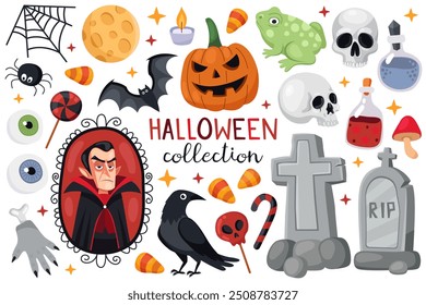 Colección de ilustraciones mágicas de Halloween. Elementos para el diseño de Halloween. Calabaza, vampiro, calaveras, luna, cuervo, rana, murciélago, vela, caramelos, poción, araña, lápidas, ojos, mano zombi.