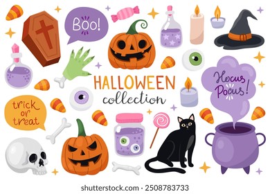 Collection of magical Halloween illustrations. Elements for Halloween design. Pumpkins, witch cauldron and hat, black cat, potion, candles, corn candy, eyes, bones, skull and coffin.