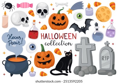 Kollektion von magischen Halloween-Illustrationen. Elemente für Halloween-Design. Hexenkessel, Kürbisse, Grabstein, Schädel, Mond, Fledermäuse, Kerzen, Trank, Süßigkeiten.