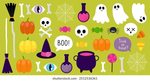 Collection of magical Halloween illustrations on green background. Witch brooms, cauldron, hat. Pumpkins, skull, bones, candies, potion, web, spider, speech bubbles, eyes. Cute cartoon elements.