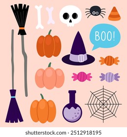 Collection of magical Halloween illustrations on a pink background. Cute cartoon elements for Halloween design. Witch hat, broom, pumpkins, skull and bones, candies, web, spider, potion.