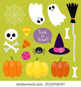 Collection of magical Halloween illustrations on a green background. Cute cartoon elements for Halloween design. Witch hat, broom, pumpkins, ghost, skull and bones, candies, web, spider.