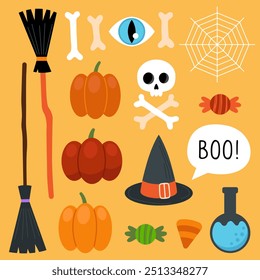 Collection of magical Halloween illustrations on an orange background. Cute cartoon elements for Halloween design.  Witch hat, broom, pumpkins, skull, candies, potion, web, eye.