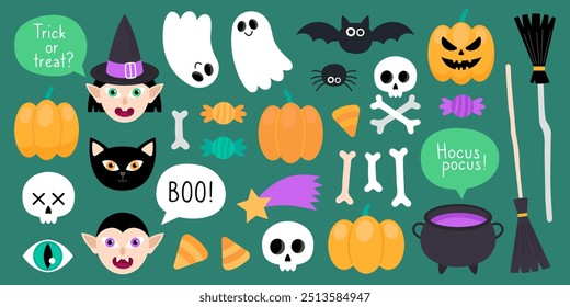 Collection of magical Halloween illustrations on dark green. Cute cartoon elements for Halloween design. Witch, vampire, cat, pumpkins, ghost, bat, spider, skull, bones, broom, cauldron, candy, star.