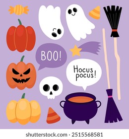 Collection of magical Halloween illustrations on a purple background. Cute cartoon elements for Halloween design. Witch broom, pumpkins, cauldron, jack-o-lantern, ghost, skull, candy.