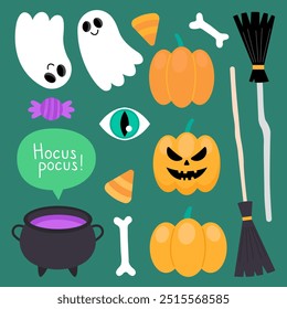 Collection of magical Halloween illustrations on a green background. Cute cartoon elements for Halloween design. Witch broom, pumpkins, cauldron, jack-o-lantern, ghost, candy.