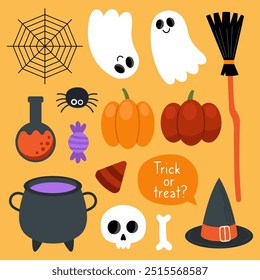 Collection of magical Halloween illustrations on an orange background. Cute cartoon elements for Halloween design. Witch hat, broom, pumpkins, cauldron, ghost, skull, spider, web, candy.