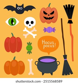 Collection of magical Halloween illustrations on an orange background. Cute cartoon elements for Halloween design. Witch broom, pumpkins, cauldron, jack-o-lantern, bat, skull, candy.