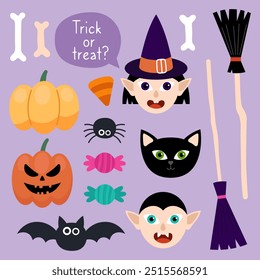 Collection of magical Halloween illustrations on a purple background. Cute cartoon elements for Halloween design. Witch, black cat, vampire, broom, bat, pumpkin, jack-o-lantern, bat, spider, candy.