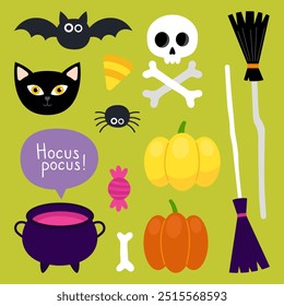 Collection of magical Halloween illustrations on a green background. Cute cartoon elements for Halloween design. Witch broon, cauldron, black cat, pumpkins, skull, bat, spider.