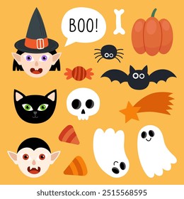 Collection of magical Halloween illustrations on an orange background. Cute cartoon elements for Halloween design. Witch, black cat, vampire, ghost, bat, skull, pumpkin, spider, candy.