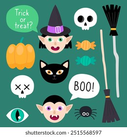 Collection of magical Halloween illustrations on a dark green background. Cute cartoon elements for Halloween design. Witch, black cat, vampire, pumpkin, skull, broom, spider, candy.