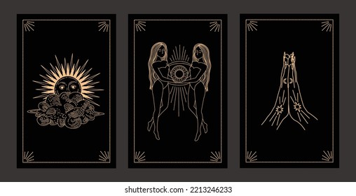 Collection of magical illustrations. Tarot cards. Set of linear vector illustrations. Hand drawn celestial illustrations depicting sun, moon, planet. design elements for decoration in a modern style. 