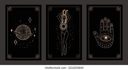 Collection of magical illustrations. Tarot cards. Set of linear vector illustrations. Hand drawn celestial illustrations depicting sun, moon, planet. design elements for decoration in a modern style. 