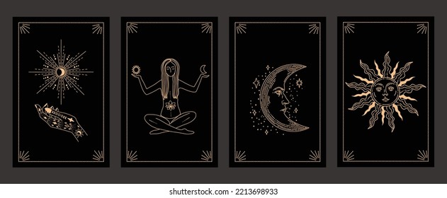 Collection of magical illustrations. Tarot cards. Set of linear vector illustrations. Hand drawn celestial illustrations depicting sun, moon, planet. design elements for decoration in a modern style. 