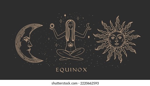 Collection of magical illustrations. Tarot cards. Set of linear vector illustrations. Hand drawn celestial illustrations depicting sun, moon, woman. design elements for decoration in a modern style.