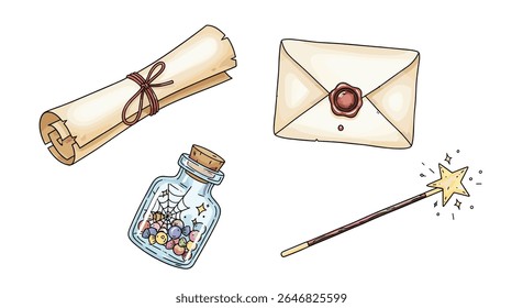 A collection of magical items including a rolled scroll tied with a ribbon a sealed envelope a bottle filled with glittering contents and a star tipped wand