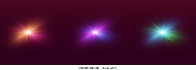 Colección de destellos de luz mágicos, explosión de deslumbramiento y estrellas. Ilustración vectorial