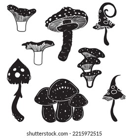Collection with magical lined mushrooms, mystical minimalist  vector art set