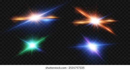 A collection of magical neon special effects and glare explosions. Bright light star.