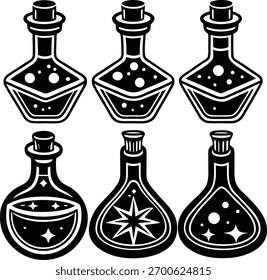 Uma coleção de garrafas de poções mágicas em várias formas e tamanhos, ideais para fantasia, alquimia e temas místicos.