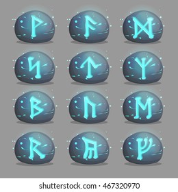 A collection of magical runic stones with Celtic mysterious signs and letters shining inside of them. Design elements and icons for quest and adventure games and applications.