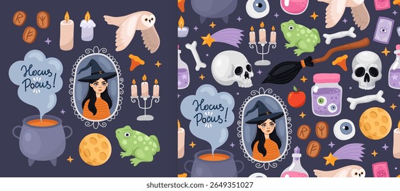Coleção de elementos mágicos assustadores de Halloween e padrão sem emenda. Bruxa, caldeirão, vela, coruja, sapo, lua, runas, vassoura. Design para embrulhar papel, têxtil.