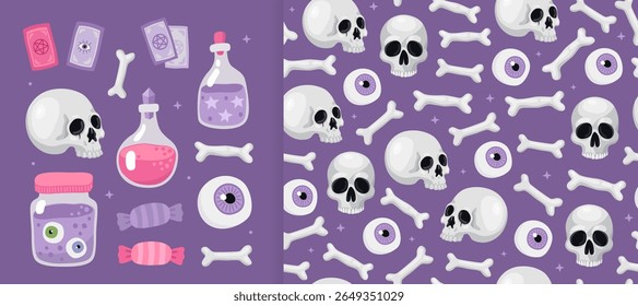 Collection of magical spooky Halloween elements and seamless pattern. Skull, bone, potion, eye on a purple background. Design for wrapping paper, textile.