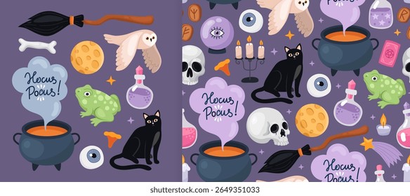 Collection of magical spooky Halloween elements and seamless pattern. Witch's cauldron, broom, black cat, owl, frog, candle, potion. Purple background. Design for wrapping paper, textile.