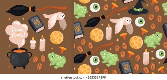 Collection of magical spooky Halloween elements and seamless pattern. Witch's cauldron, broom, candle, owl, frog, moon, runes on brown background. Design for wrapping paper, textile.